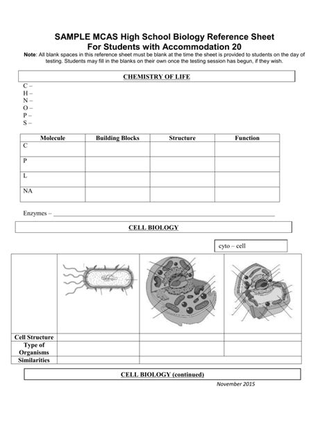 Mcas Biology Reference Sheet