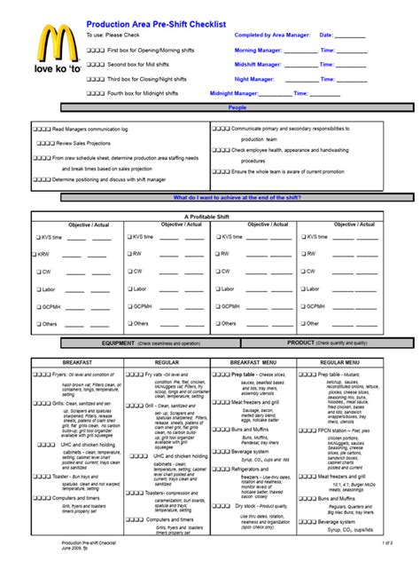 Mcdonalds Manager Pre Shift Checklist
