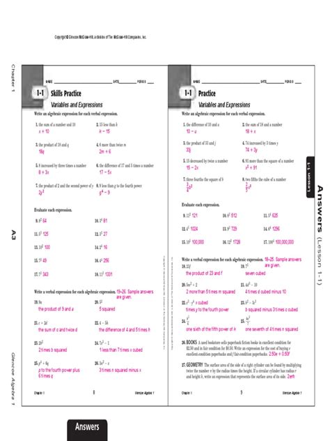 Mcgraw Hill Algebra 1 Practice Chapter 7