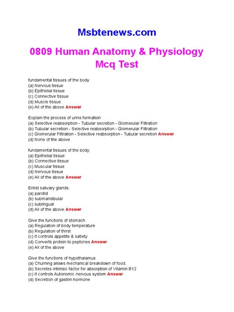 Mcq In Human Physiology