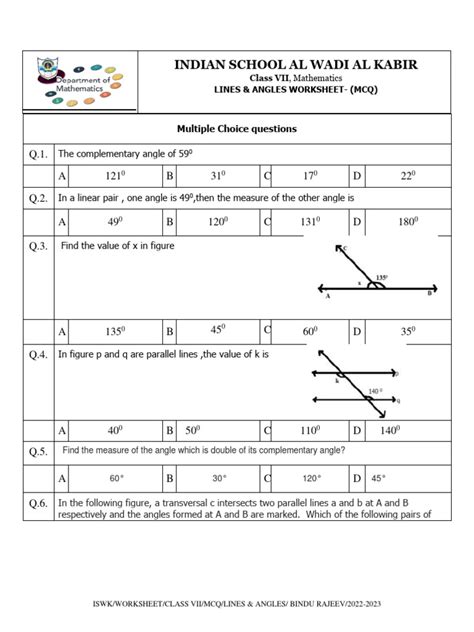 Mcq Of Angle And Its Measurements