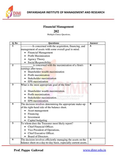 Read Mcq On Financial Management Dimr Mba 
