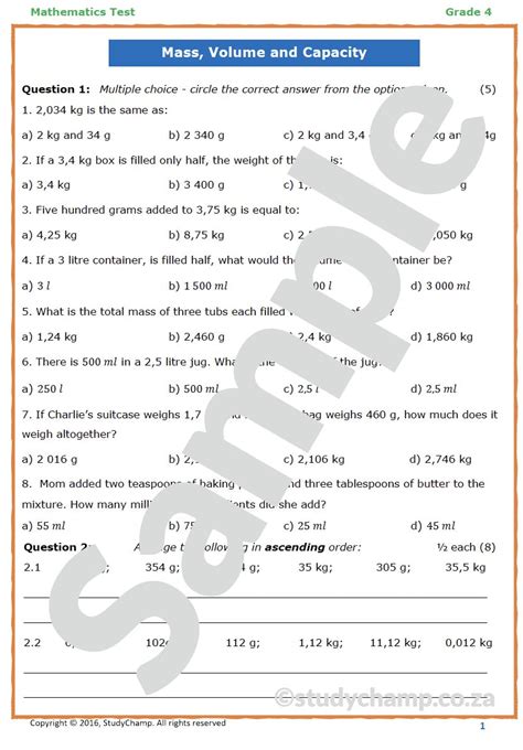 measurement capacity volume mass test grade 4