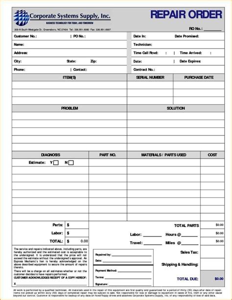 Mechanic Work Order Forms