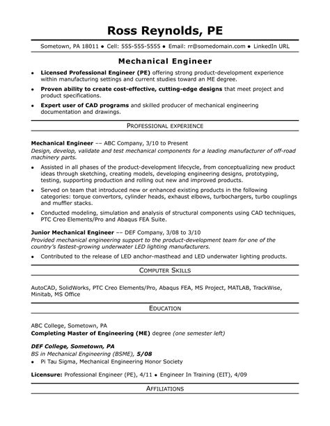 Mechanical Engineer Sample Resume Cando Career