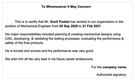 mechanical engineer working experience certificate format