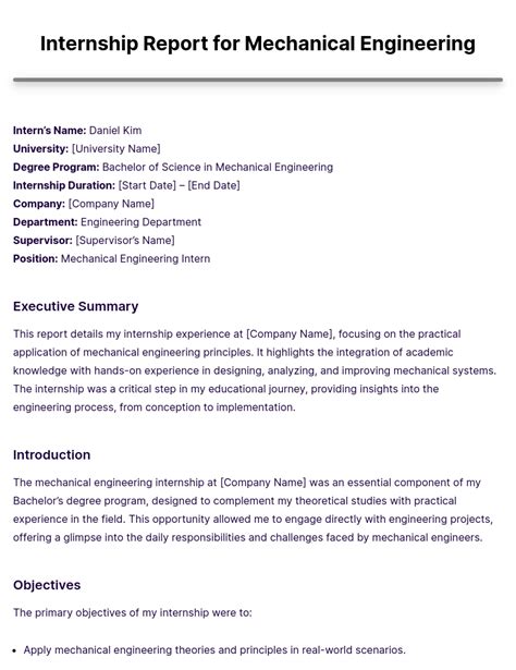 Mechanical Engineering Internship Report Sample