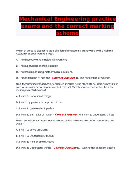 Mechanical Engineering Practice Exam With Answer