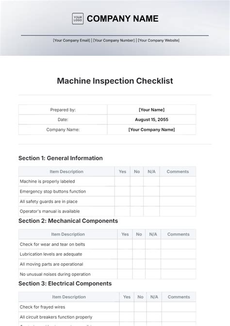mechanical inspection sheet template