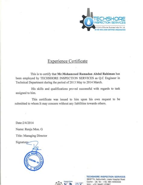Mechanical Quality Engineer Experience Letter Formats