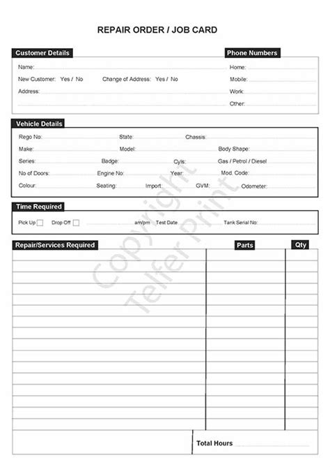 Mechanical Workshop Job Cards