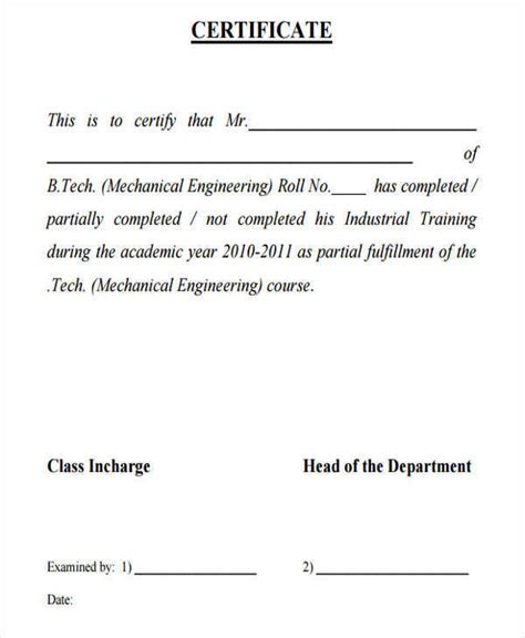 Download Mechanical Engineering Industrial Training Certificate Sample 
