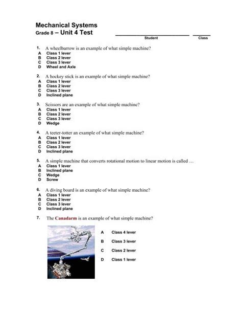 Read Mechanical Systems Unit 4 Test Student Class 