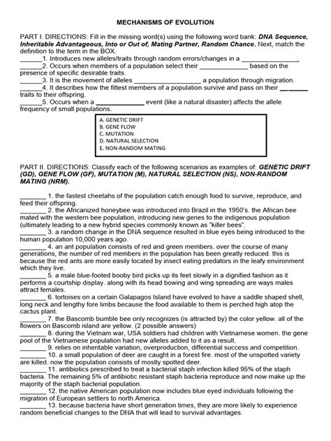 Mechanisms For Evolution Worksheet