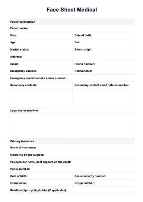 medical face sheet template blank