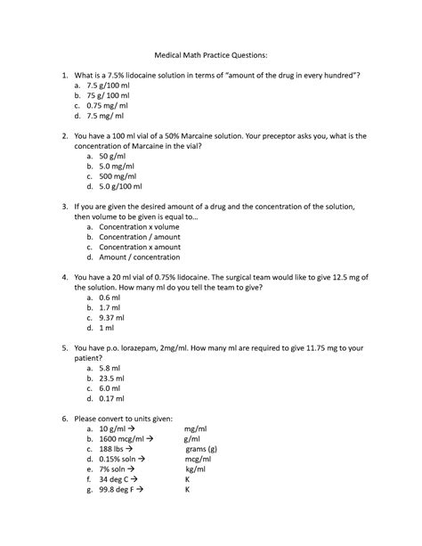 medical math practice test with solutions