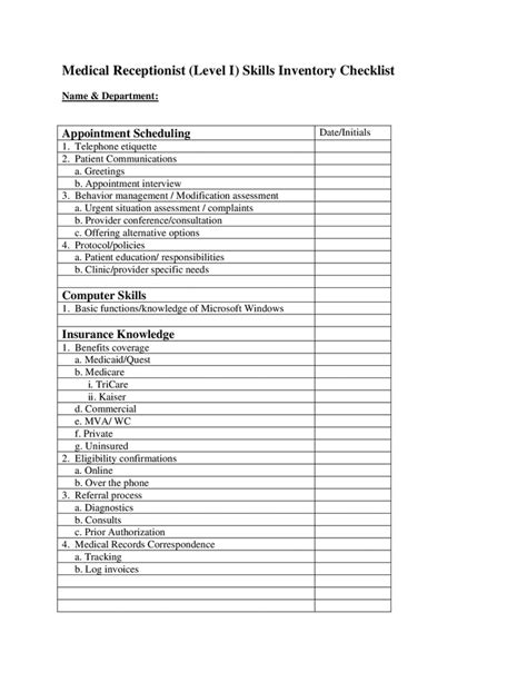 medical receptionist competency checklist