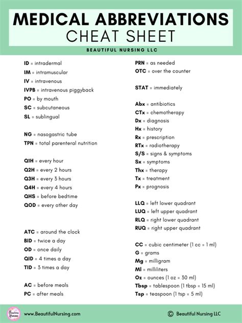 Medical Terminology Abbreviations Cheat Sheet
