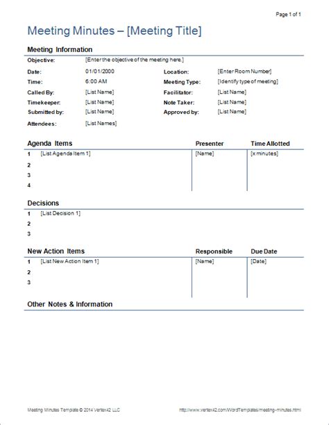Full Download Meeting Minutes Template Word Document 