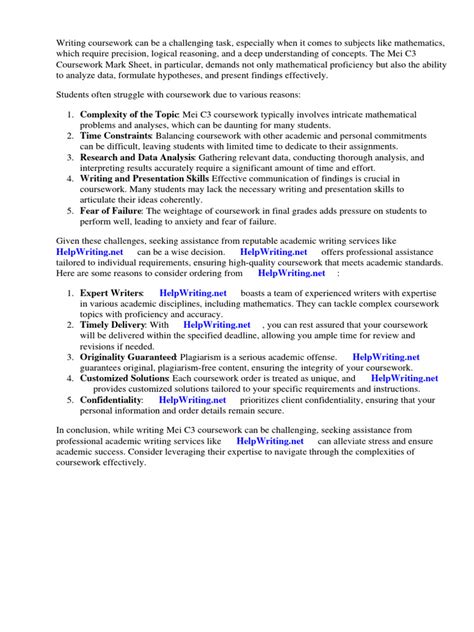 Mei C3 Coursework Mark Sheet