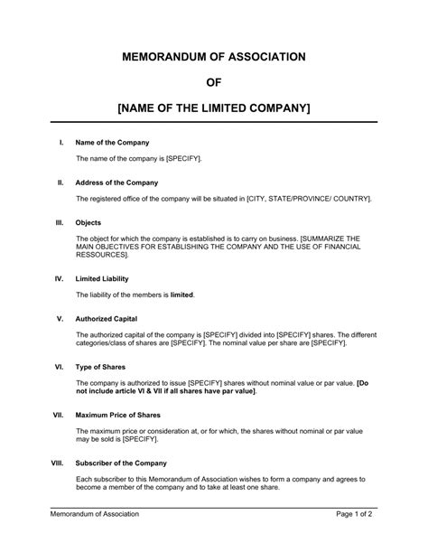 Memorandum Of Association Format