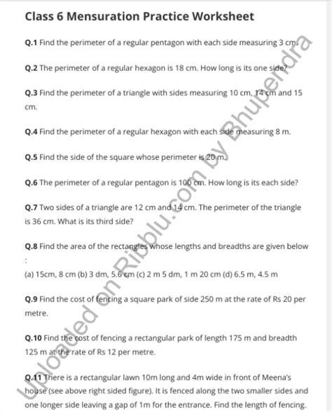 Mensuration Class 6 Worksheet