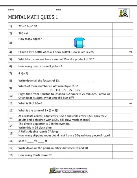 Mental Math 5th Grade Math Salamanders Mental Math Practice Worksheets - Mental Math Practice Worksheets