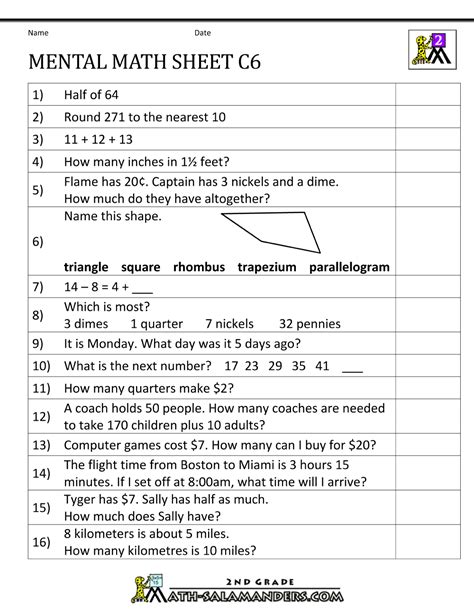 Mental Math 6th Grade Math Salamanders Mental Math Worksheets - Mental Math Worksheets
