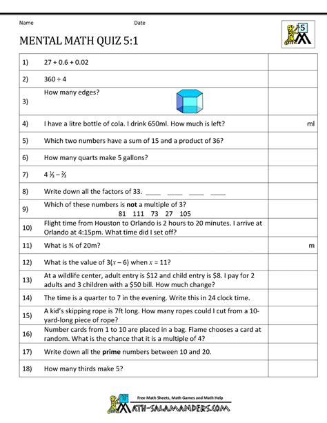 Mental Math Worksheets   Grade 5 Mental Maths Worksheets Free Printables Math - Mental Math Worksheets