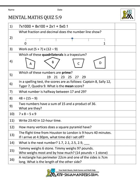 mental maths tests year 5