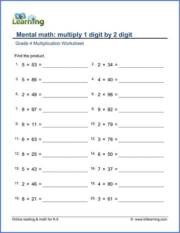 Mental Multiplication Worksheets For Grade 4 K5 Learning Worksheet On Multiplication Grade 4 - Worksheet On Multiplication Grade 4