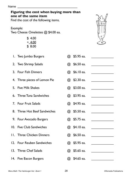 Menu Math Hamburger Hut