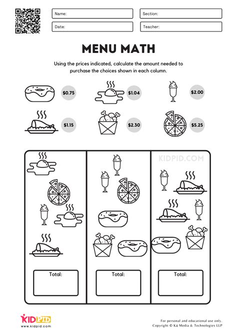 Menu Math Printable Worksheets For Kids Kidpid Menu Math Worksheets Printable - Menu Math Worksheets Printable