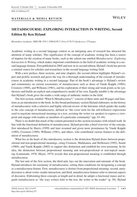 Metadiscourse Exploring Interaction In Writing Ken Hyland
