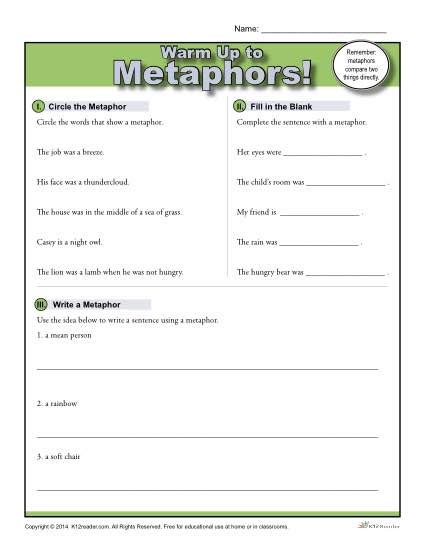 Metaphors Warm Up Activity Figurative Language Worksheets Metaphor Worksheet 4th Grade - Metaphor Worksheet 4th Grade
