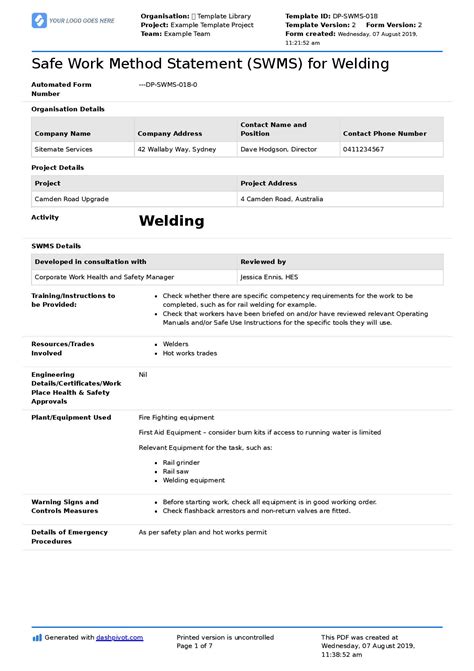 method statement for welding examples