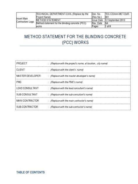 Full Download Method Statement For Blinding Pcc Concrete 