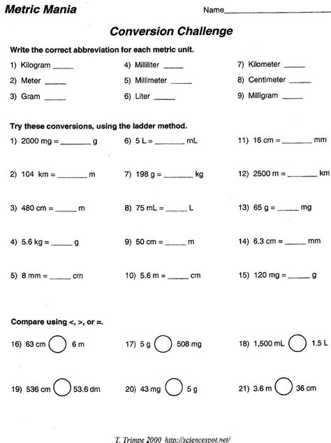 Metric Mania Conversion Practice Answer Key