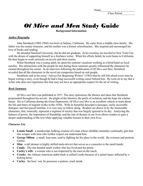 Read Mice Of Men Study Guide Packet Answer 