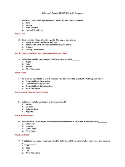 Microsoft Access Database Exam Questions And Answers