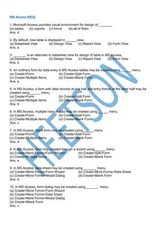 microsoft access mcq questions and answers