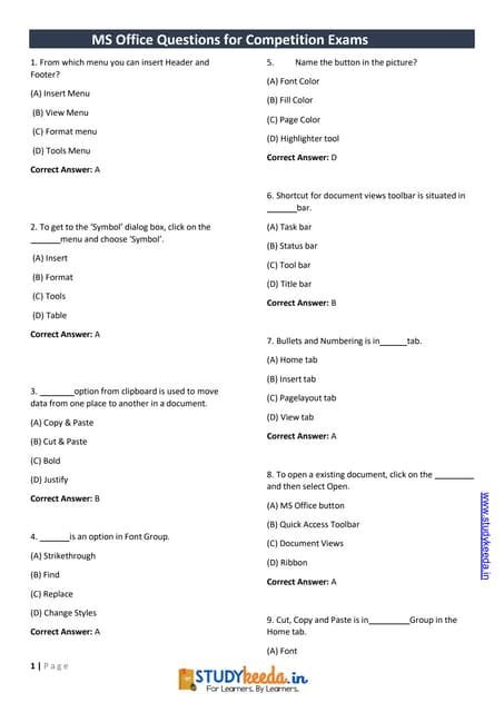 microsoft office questions and answer