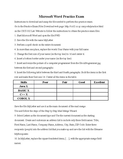 microsoft word practice exam