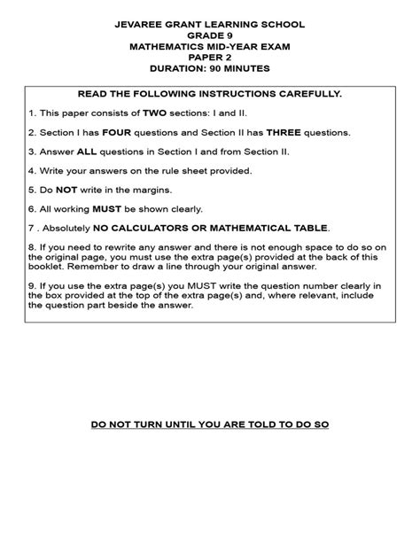 Mid Year Exam 2013 Math Question Paper
