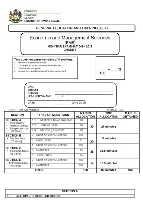 Mid Year Exam Question Paper Grade11 Caps