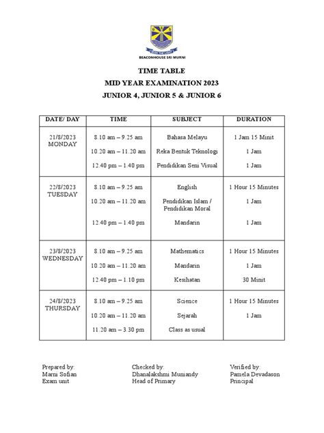 Mid Year Time Table For Grade 2014