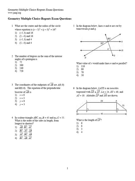 Middle School Multiple Choice Geometry Test