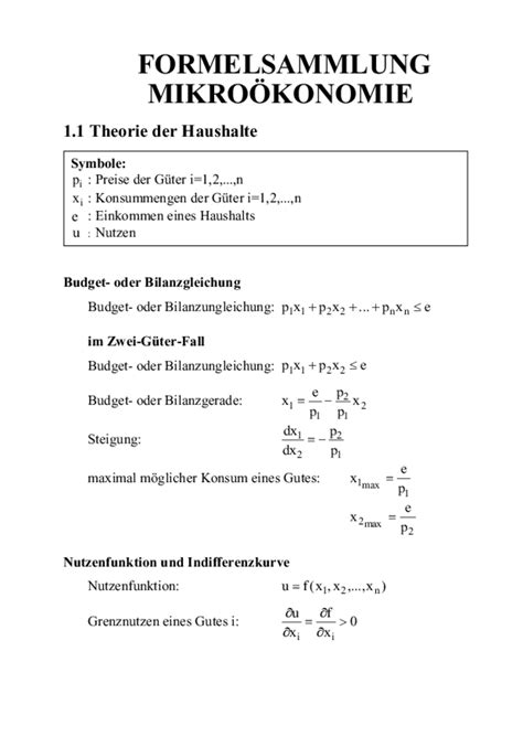 mikroökonomik formelsammlung