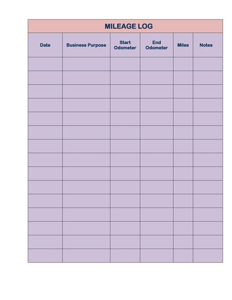 Mileage Log Printable Template