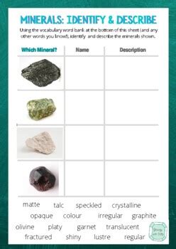 Minerals Identification Tpt Identifying Minerals Worksheet - Identifying Minerals Worksheet